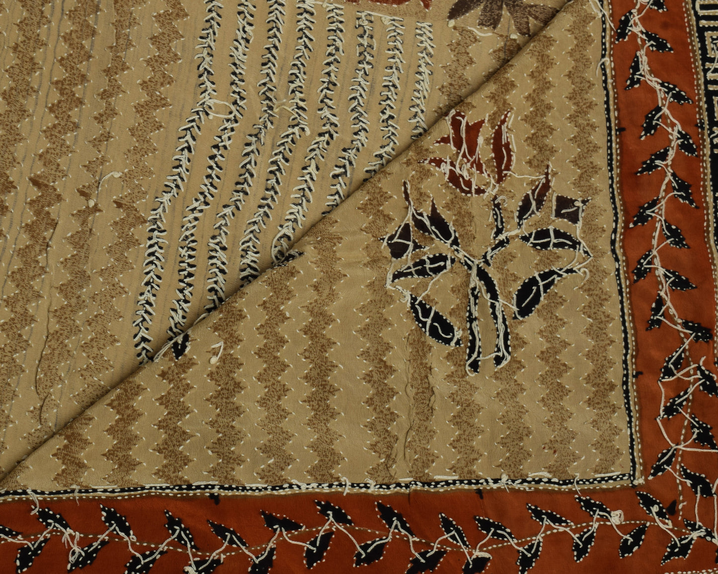 Sushila Vintage Indian Saree Pure Crepe Silk Hand Embroidered Floral Sari Fabric