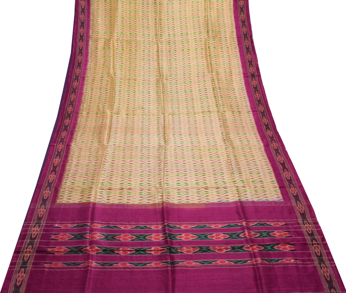 Sushila Vintage Beige Saree Pure Silk Hand Woven Ikat Patola Sari Craft Fabric