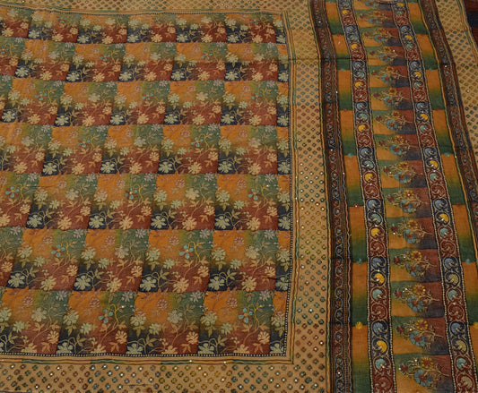 Sushila Vintage Multi-Color Saree Pure Crepe Silk Printed Floral BRANDED Sari Craft Fabric