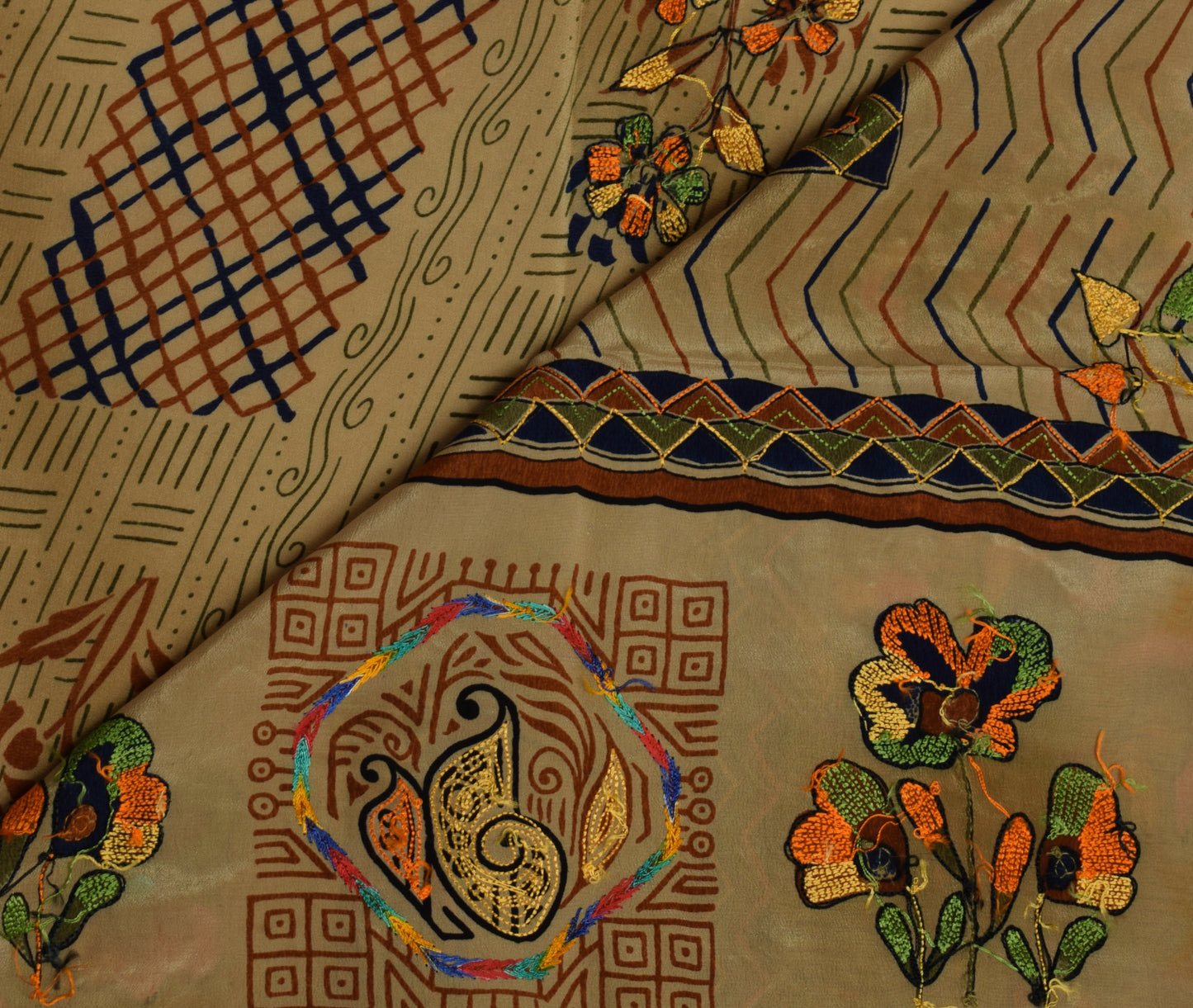 Sushila Vintage Indian Saree Pure Crepe Silk Printed & Embroidered Sari Fabric