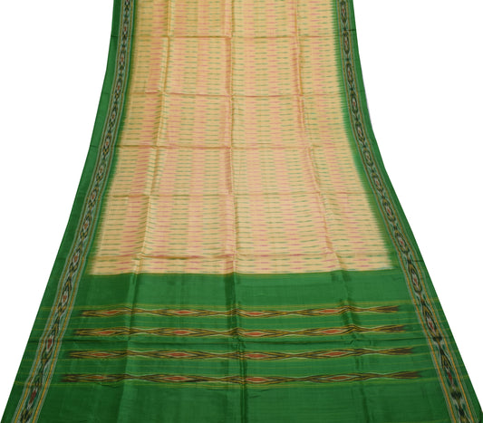 Sushila Vintage Cream Saree Pure Silk Hand Woven Ikat Patola Sari Craft Fabric