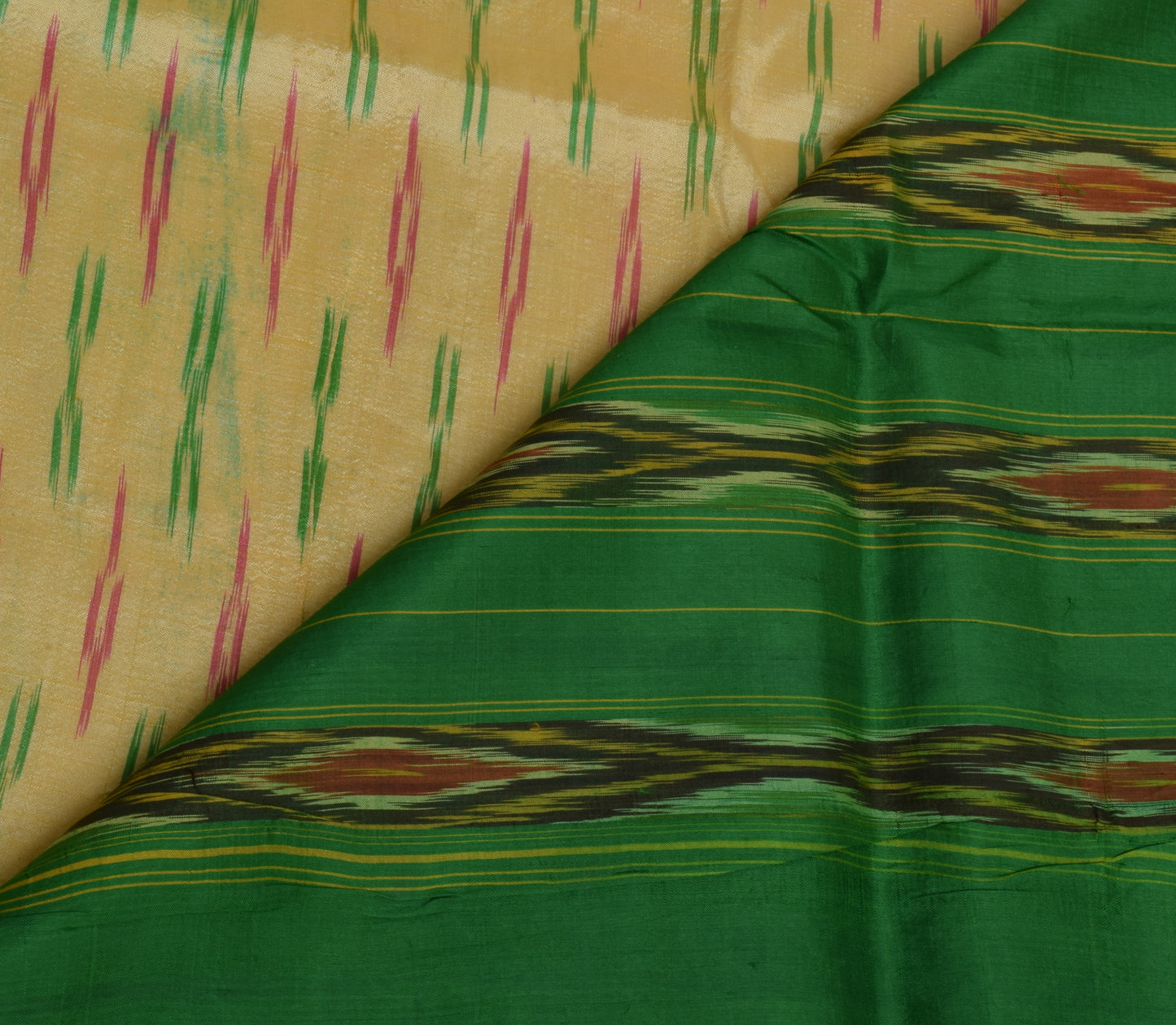 Sushila Vintage Cream Saree Pure Silk Hand Woven Ikat Patola Sari Craft Fabric