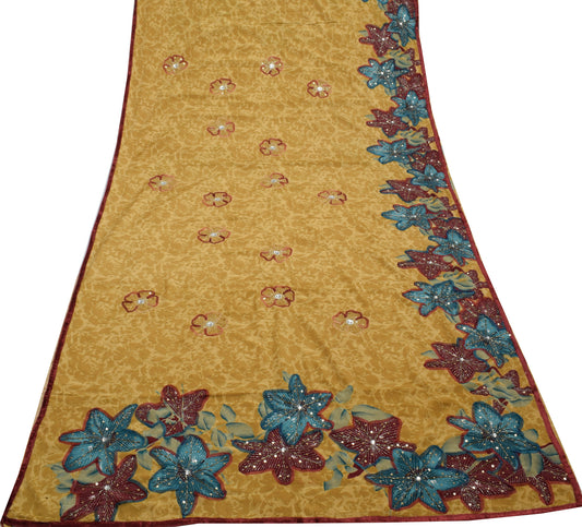 Sushila Vintage Green Saree Blend Crepe Silk Hand Beaded & Printed Sari Fabric