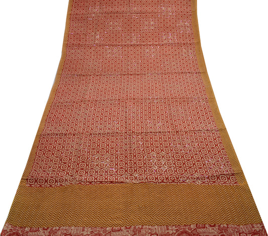 Sushila Vintage Indian Cream Saree Pure Crepe Silk Printed Sari 5 Yard Fabric