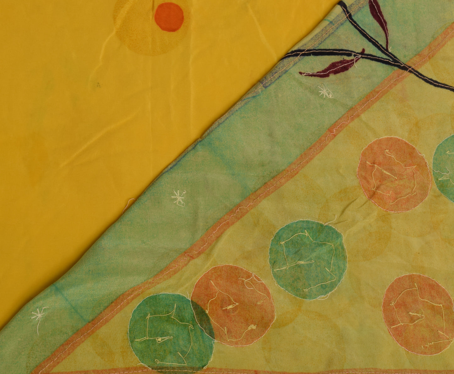 Sushila Vintage Yellow Saree Pure Crepe Silk Hand Beaded Sari Craft 5 YD Fabric