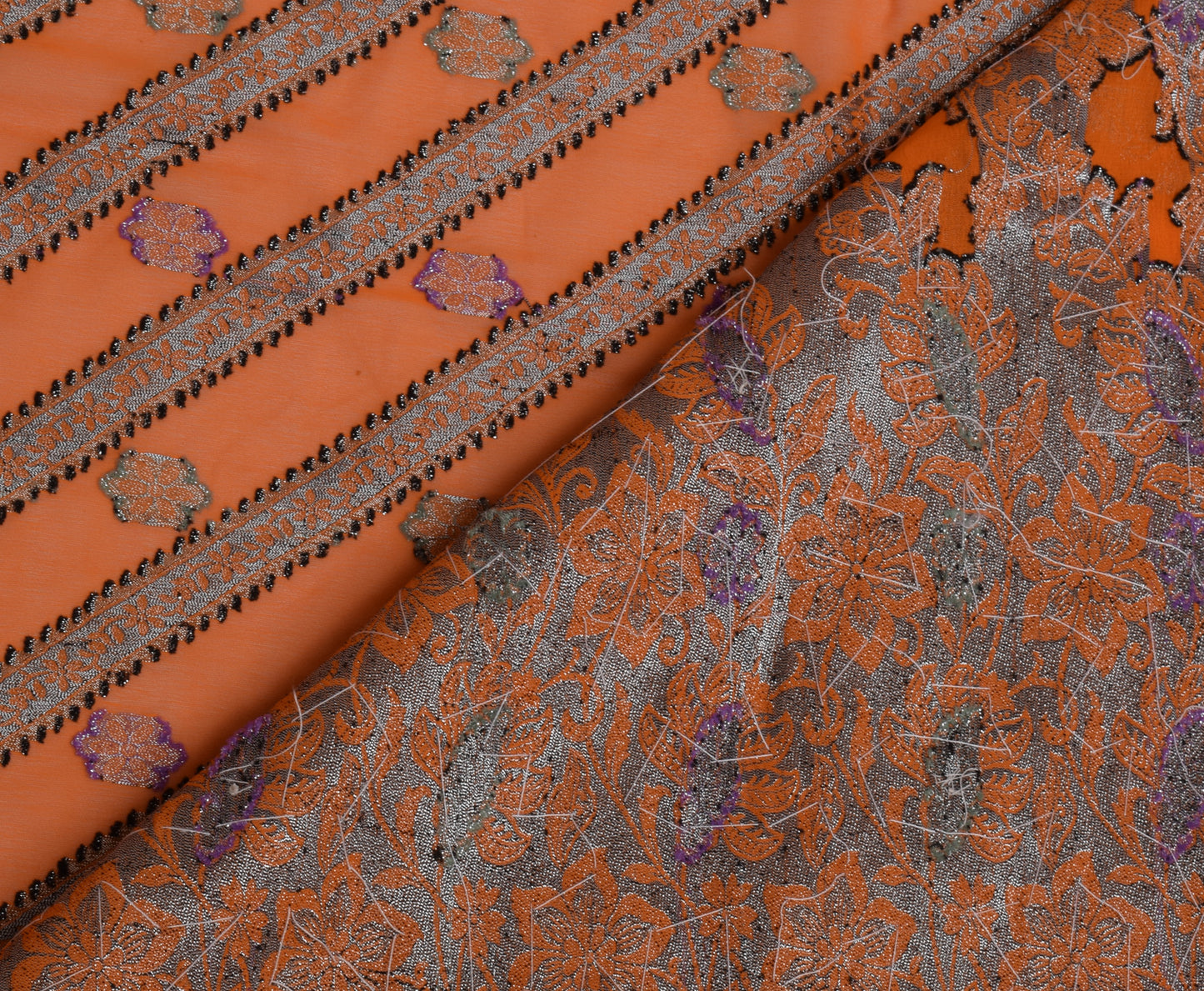 Sushila Vintage Orange Gray Saree Art Chiffon Silk Woven Sequins Work Sari Craft Fabric
