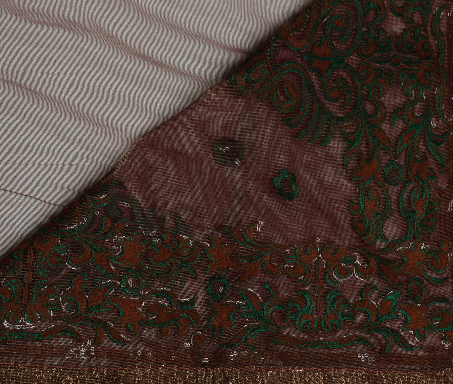 Sushila Vintage Indian Brown Saree Net Mesh Embroidered Floral Sari Craft Fabric