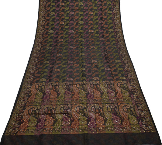 Sushila Vintage Black Saree Blend Cotton Woven Paisley Sari Craft 5 Yard Fabric