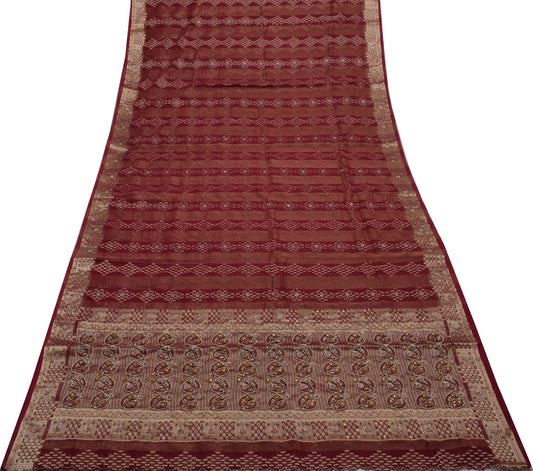 Sushila Vintage Maroon Saree Blend Georgette Silk Woven Sari Craft 5 Yard Fabric