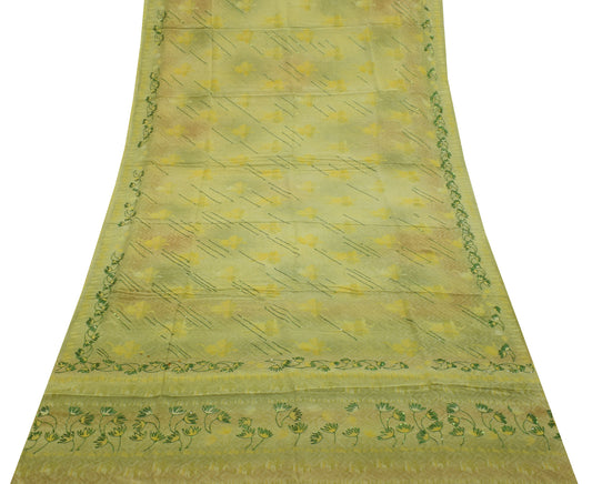 Sushila Vintage Green Saree Pure Crepe Silk Printed & Embroidered Sari Fabric