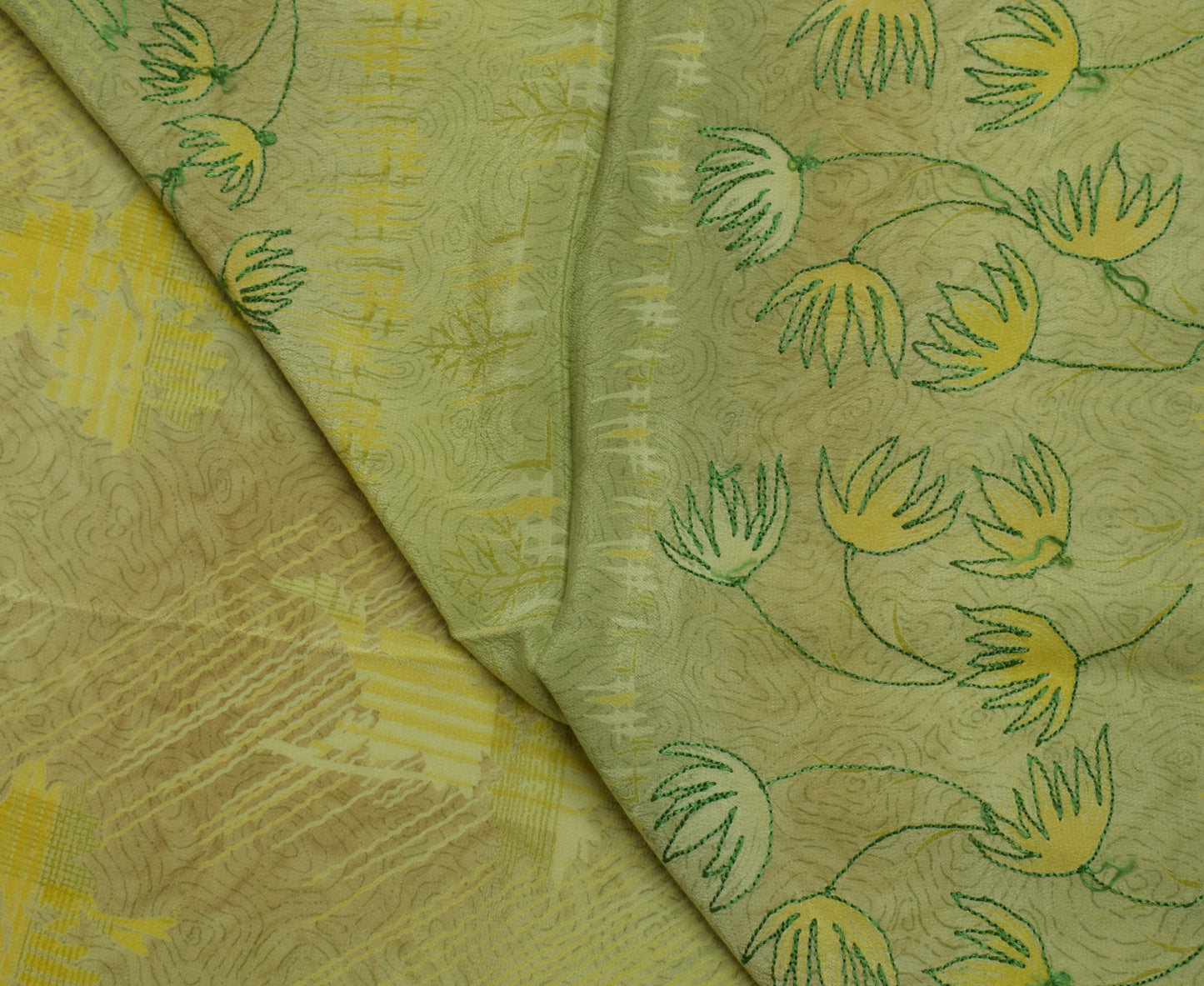 Sushila Vintage Green Saree Pure Crepe Silk Printed & Embroidered Sari Fabric