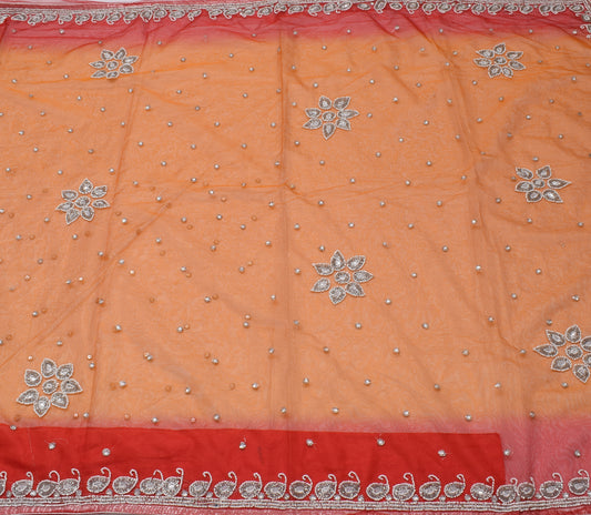 Sushila Vintage Indian Orange Saree Net Mesh Beaded Floral Sari Craft Fabric