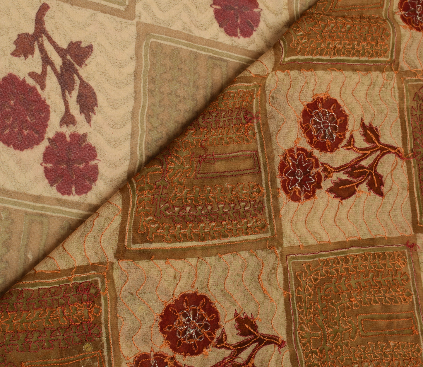 Sushila Vintage Light Brown Saree Pure Georgette Silk Embroidered Sari Fabric