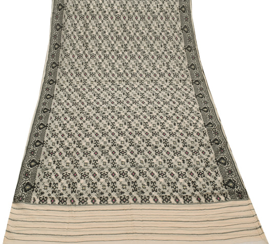 Sushila Vintage Cream Saree Pure Cotton Woven Floral Sari Craft 5 Yard Fabric