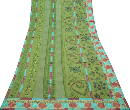 Sushila Vintage Green Saree Pure Georgette Silk Printed Floral Sari Craft Fabric