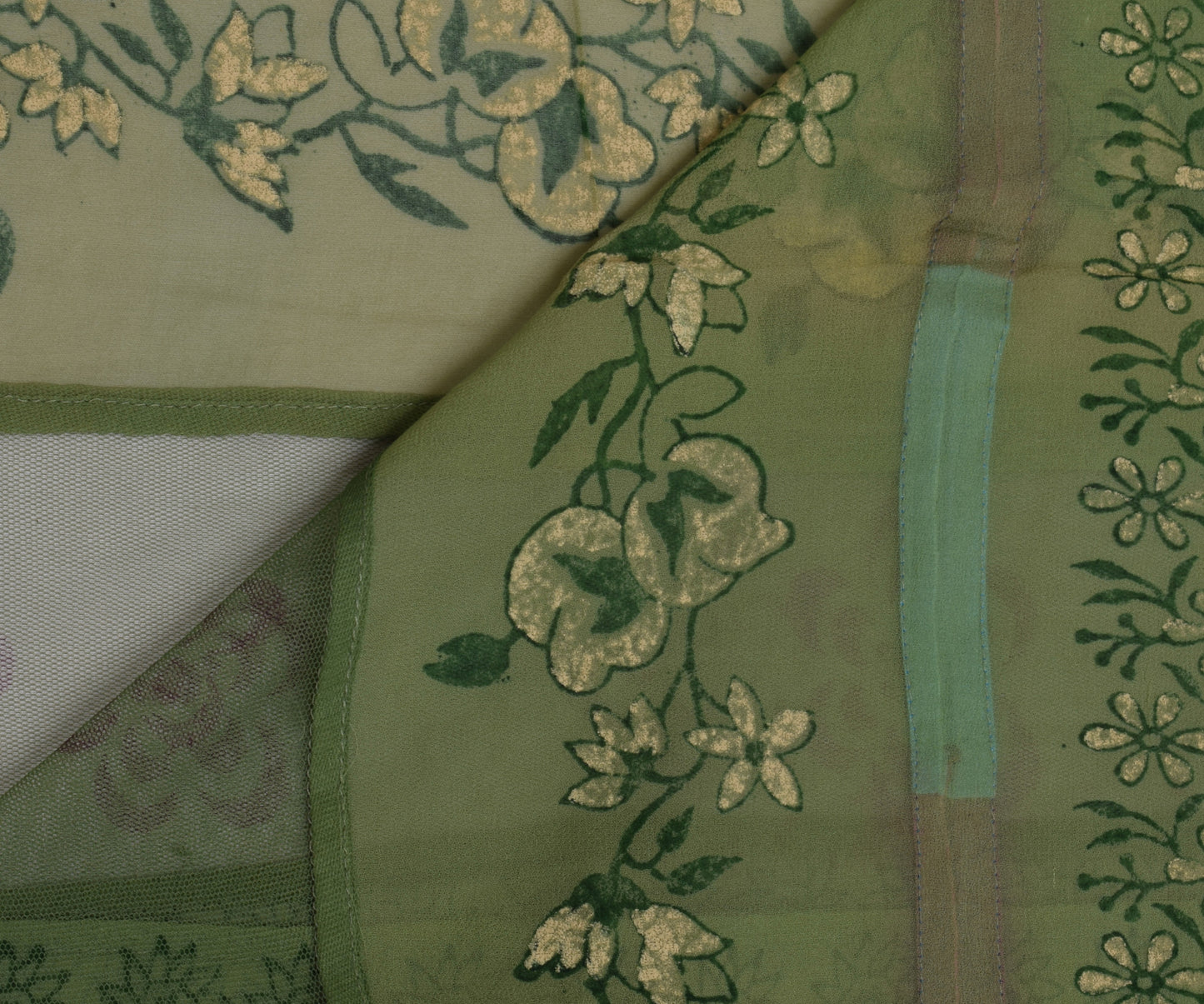 Sushila Vintage Green Saree Pure Georgette Silk Printed Floral Sari Craft Fabric