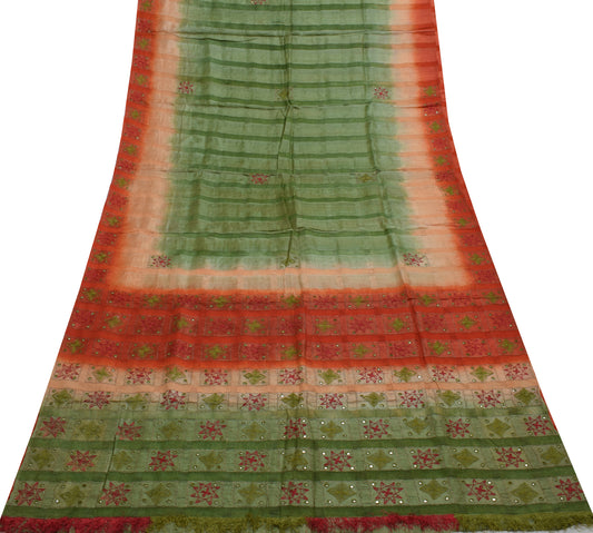 Sushila Vintage Green Saree 100% Pure Silk Woven & Embroidered Sari Craft Fabric