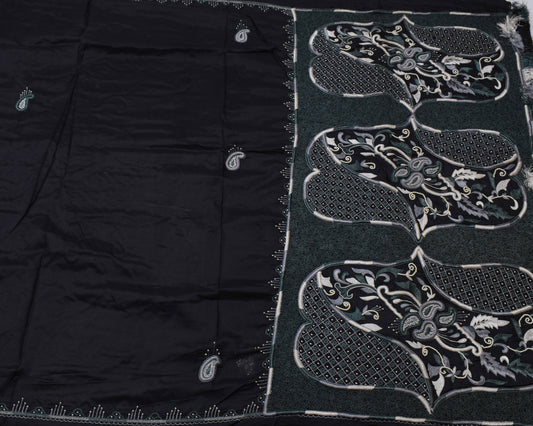 Sushila Vintage Indian Black Saree Pure Silk Embroidered Paisley Sari Fabric