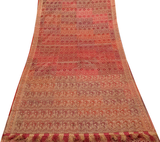 Sushila Vintage Red Saree Blend Silk Hand Beaded & Woven Sari Craft Fabric