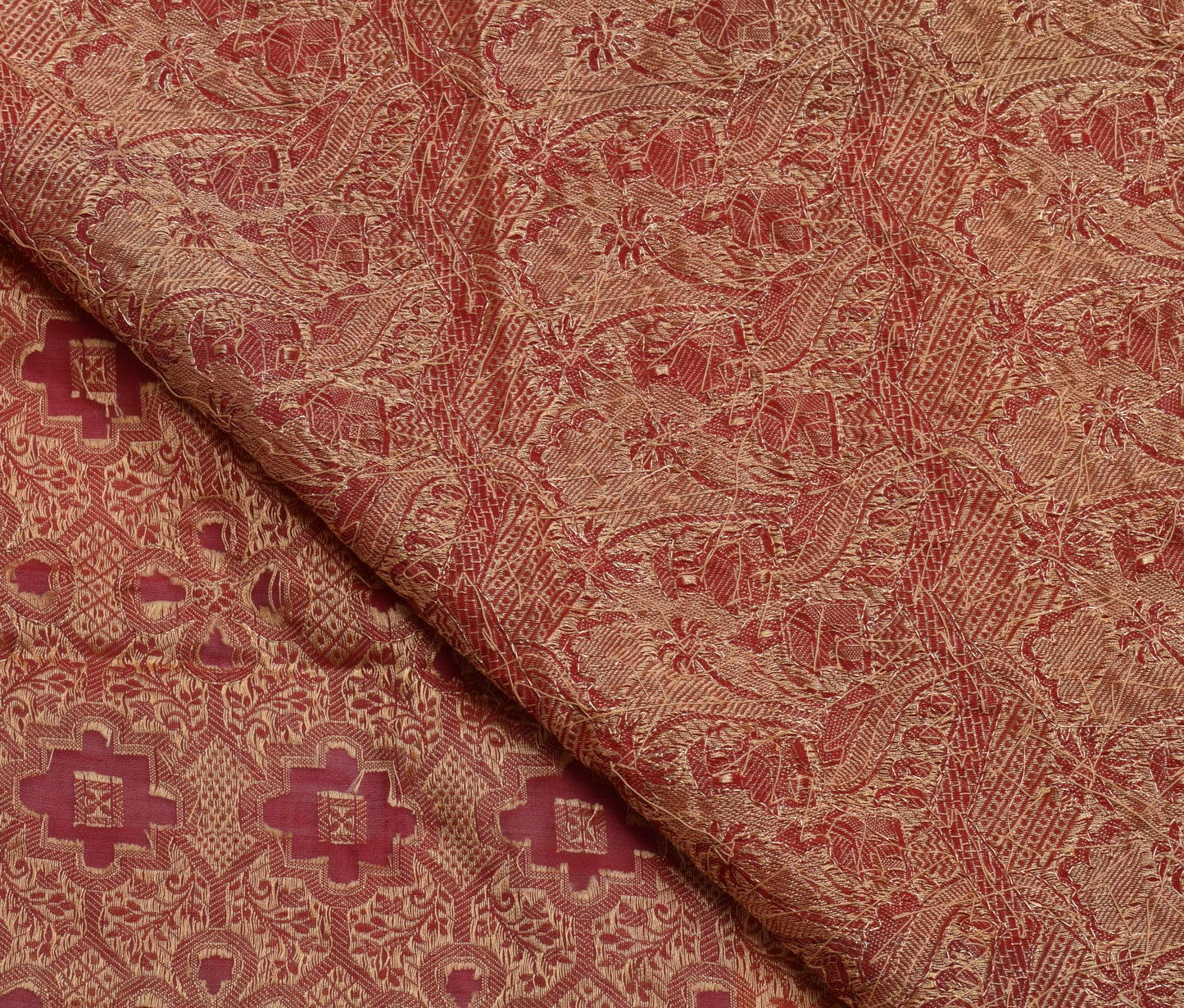 Sushila Vintage Red Saree Blend Silk Hand Beaded & Woven Sari Craft Fabric