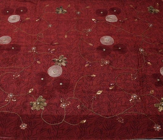Sushila Vintage Maroon Saree Pure Georgette Hand Beaded & Printed Sari Fabric