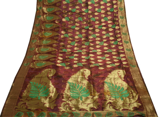 Sushila Vintage Indian Brown Saree Organza Woven Floral Sari Craft Decor Fabric