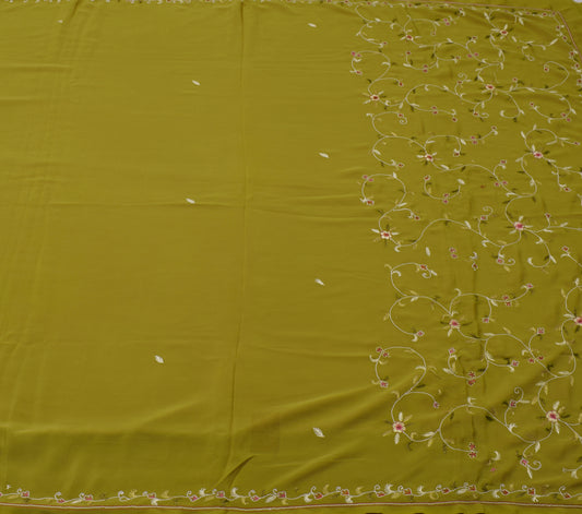 Sushila Vintage Green Saree Blend Crepe Silk Hand Embroidered Floral Sari Fabric