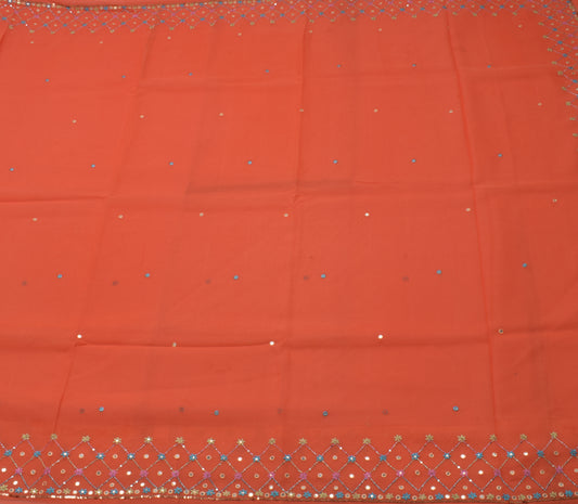 Sushila Vintage Peach Saree Pure Georgette Silk Hand Beaded Sari Craft Fabric