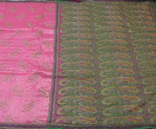 Sushila Vintage Indian Pink Saree 100% Pure Silk Woven Paisley Sari Craft Fabric