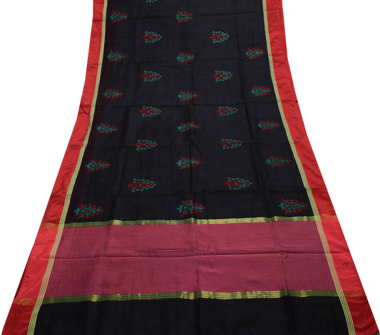 Sushila Vintage Black Saree Blend Silk Hand Embroidered Floral Sari Craft Fabric