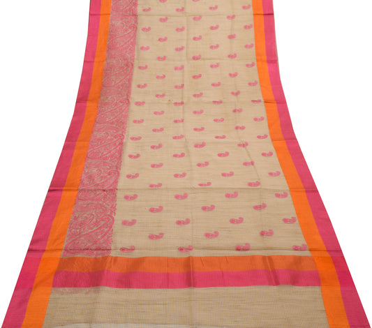 Sushila Vintage Light Brown Saree Blend Cotton Embroidered Paisley Sari Fabric