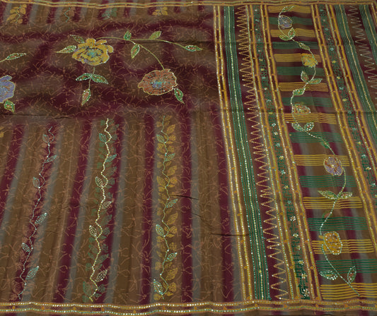 Sushila Vintage Multi-Color Saree Pure Crepe Hand Embroidered Kantha Sari Fabric