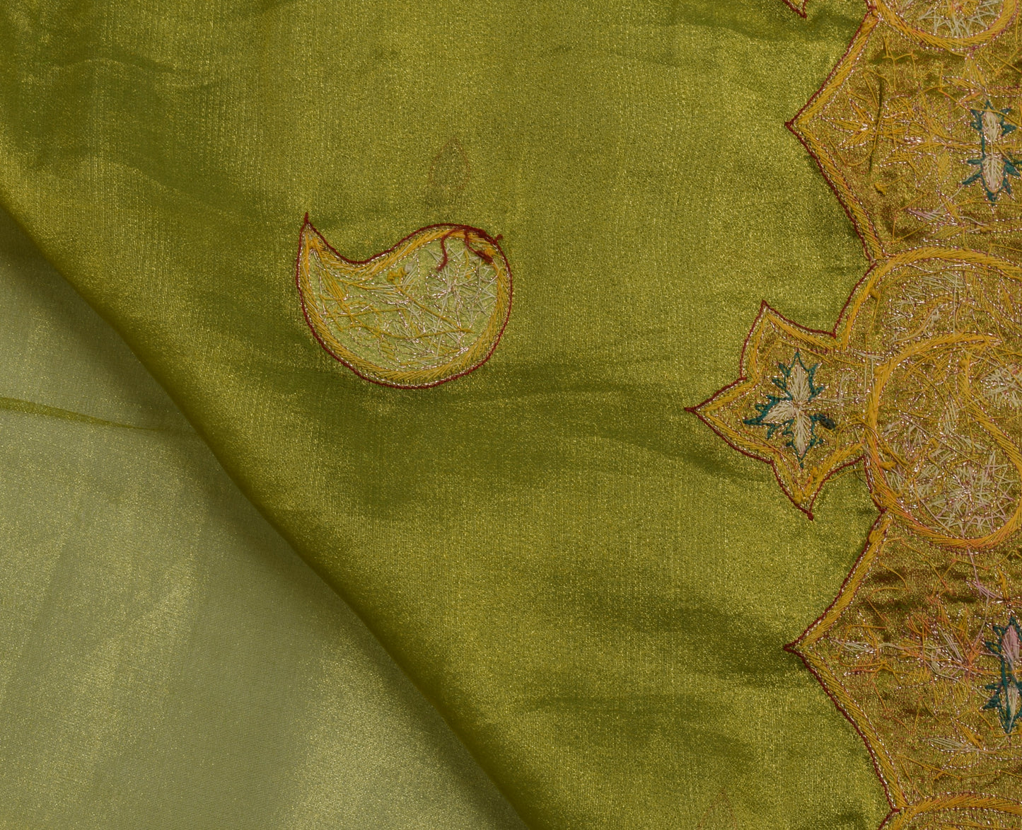 Sushila Vintage Green Saree Blend Tissue Silk Hand Beaded Zardozi Sari Fabric