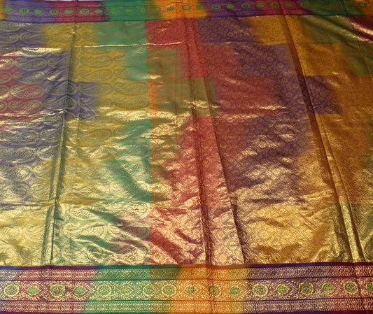 Sushila Vintage Multi-Color Saree Blend Silk Woven Floar Sari Craft 5 YD Fabric