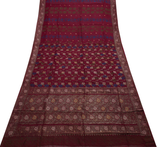 Sushila Vintage Maroon Saree Pure Georgette Silk Woven Floral Sari Craft Fabric