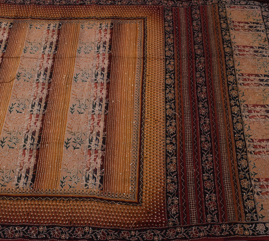 Sushila Vintage Multi-Color Saree Pure Crepe Hand Embroidered Kantha Sari Fabric