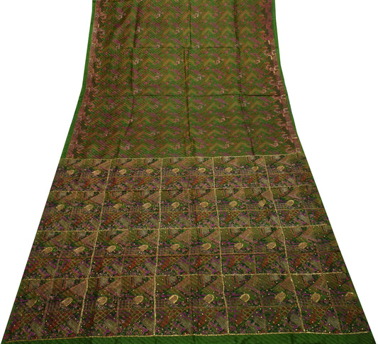 Sushila Vintage Green Saree 100% Pure Silk Printed & Aari Work Sari Craft Fabric