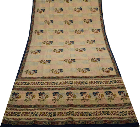 Sushila Vintage Light Brown Saree Pure Crepe Silk Printed Floral Sari Fabric