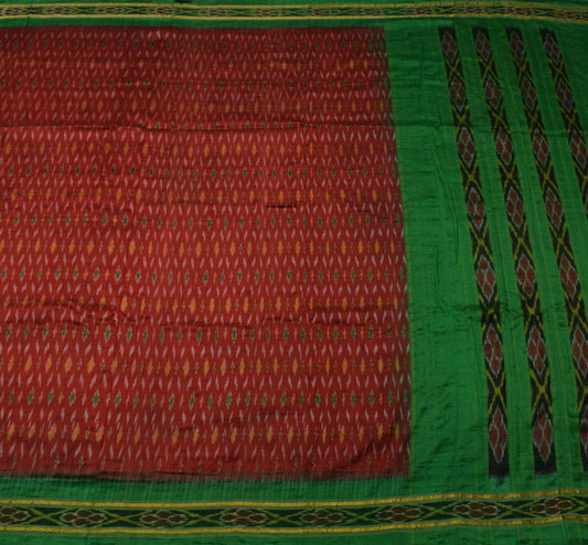 Sushila Vintage Maroon Saree Pure Silk Hand Woven Ikat Patola Sari Craft Fabric