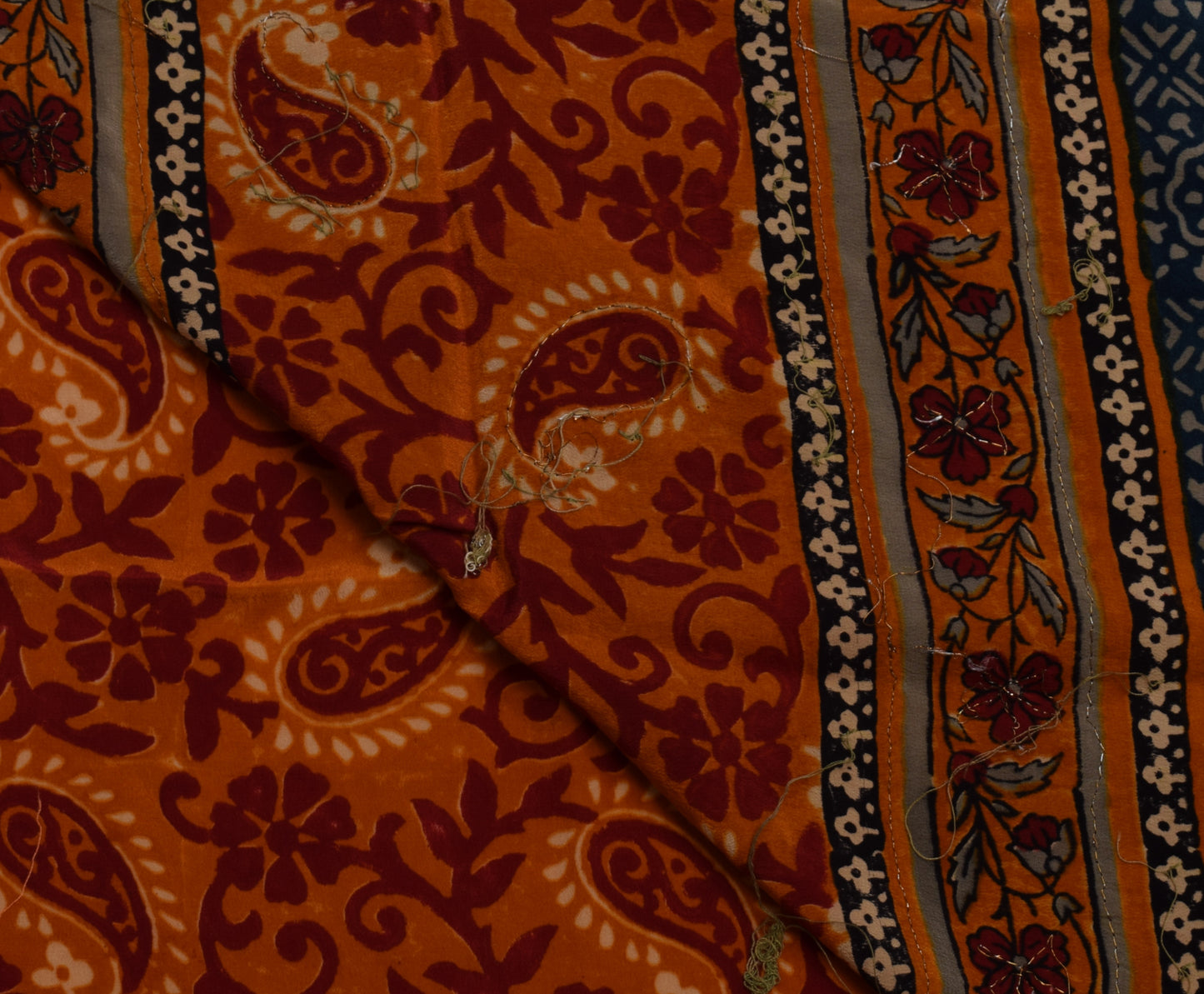 Sushila Vintage Dark Orange Saree Pure Crepe Silk Printed Floral Sari Fabric