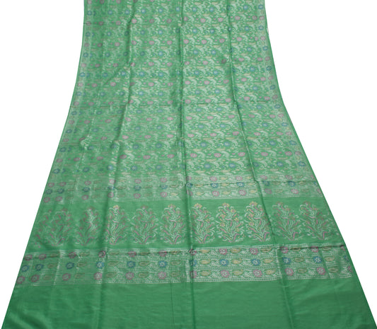 Sushila Vintage Aqua Green Saree 100% Pure Silk Woven Floral Sari Craft Fabric