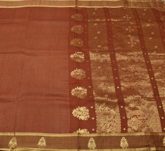 Sushila Vintage Indian Brown Sari Pure Silk Woven Floral Sari Craft Sheer Fabric