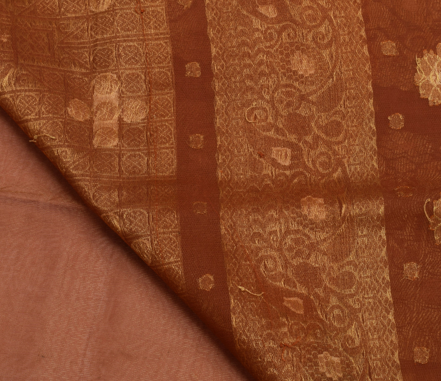 Sushila Vintage Indian Brown Sari Pure Silk Woven Floral Sari Craft Sheer Fabric