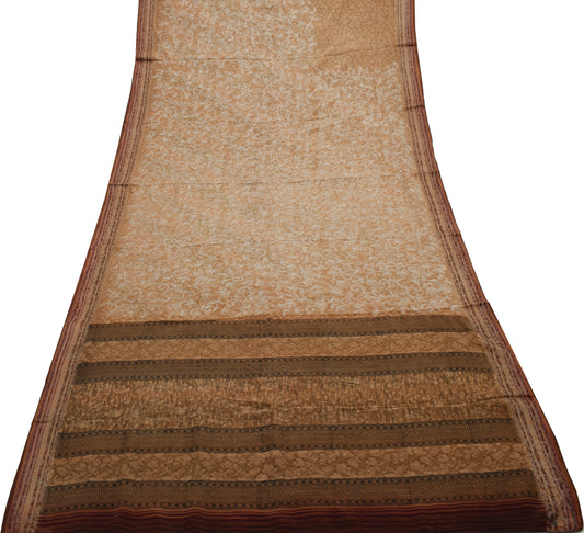 Sushila Vintage Brown Saree Pure Crepe Silk Embroidered Floral Sari Fabric