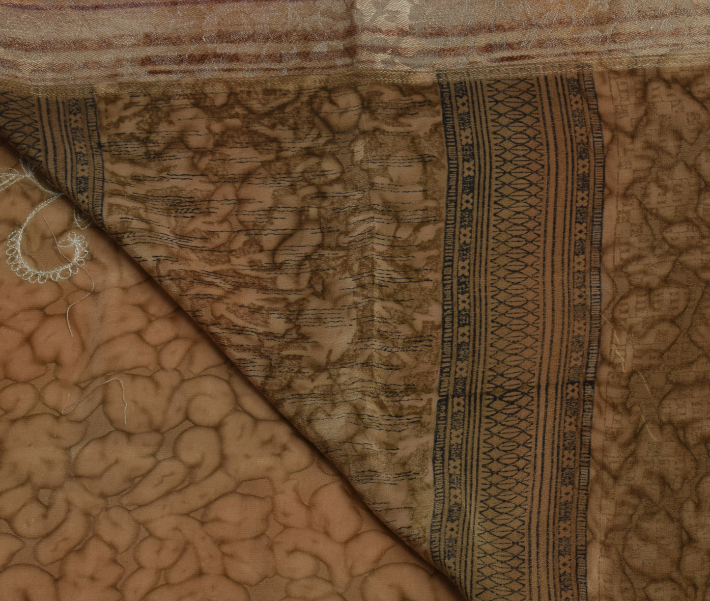 Sushila Vintage Brown Saree Pure Crepe Silk Embroidered Floral Sari Fabric