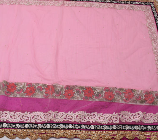 Sushila Vintage Pink Saree Art Georgette Silk & Net Mesh HEAVY Patch Work Sari Fabric