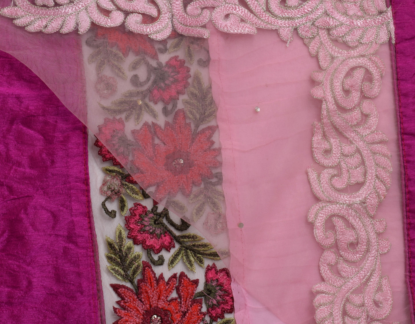 Sushila Vintage Pink Saree Art Georgette Silk & Net Mesh HEAVY Patch Work Sari Fabric