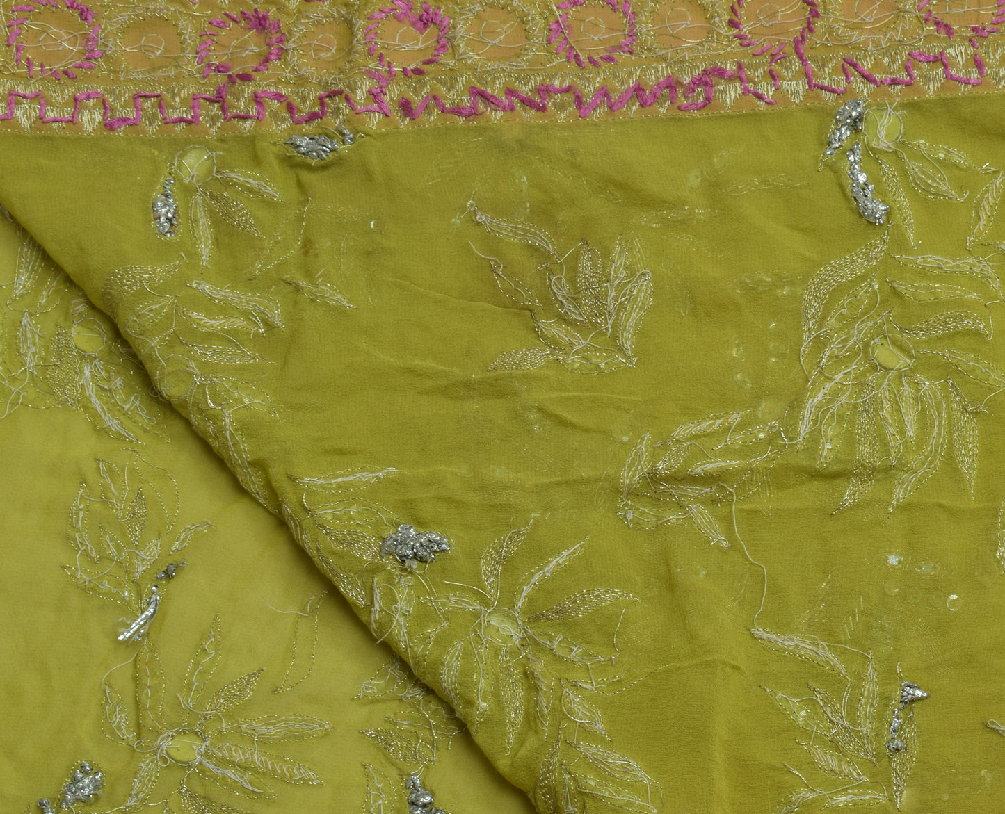 Sushila Vintage HEAVY Green Saree Pure Georgette Silk Hand Beaded Floral Sari Dress Fabric
