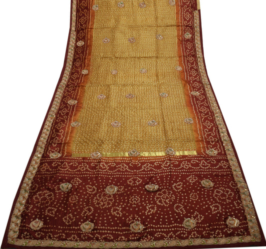 Sushila Vintage Green Saree 100% Pure Silk Bandhani Printed Sari Craft Fabric