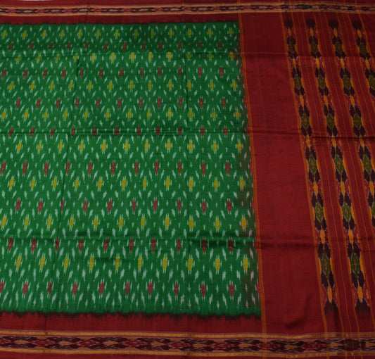 Sushila Vintage Green Saree Pure Silk Hand Woven Ikat Patola Sari Craft Fabric